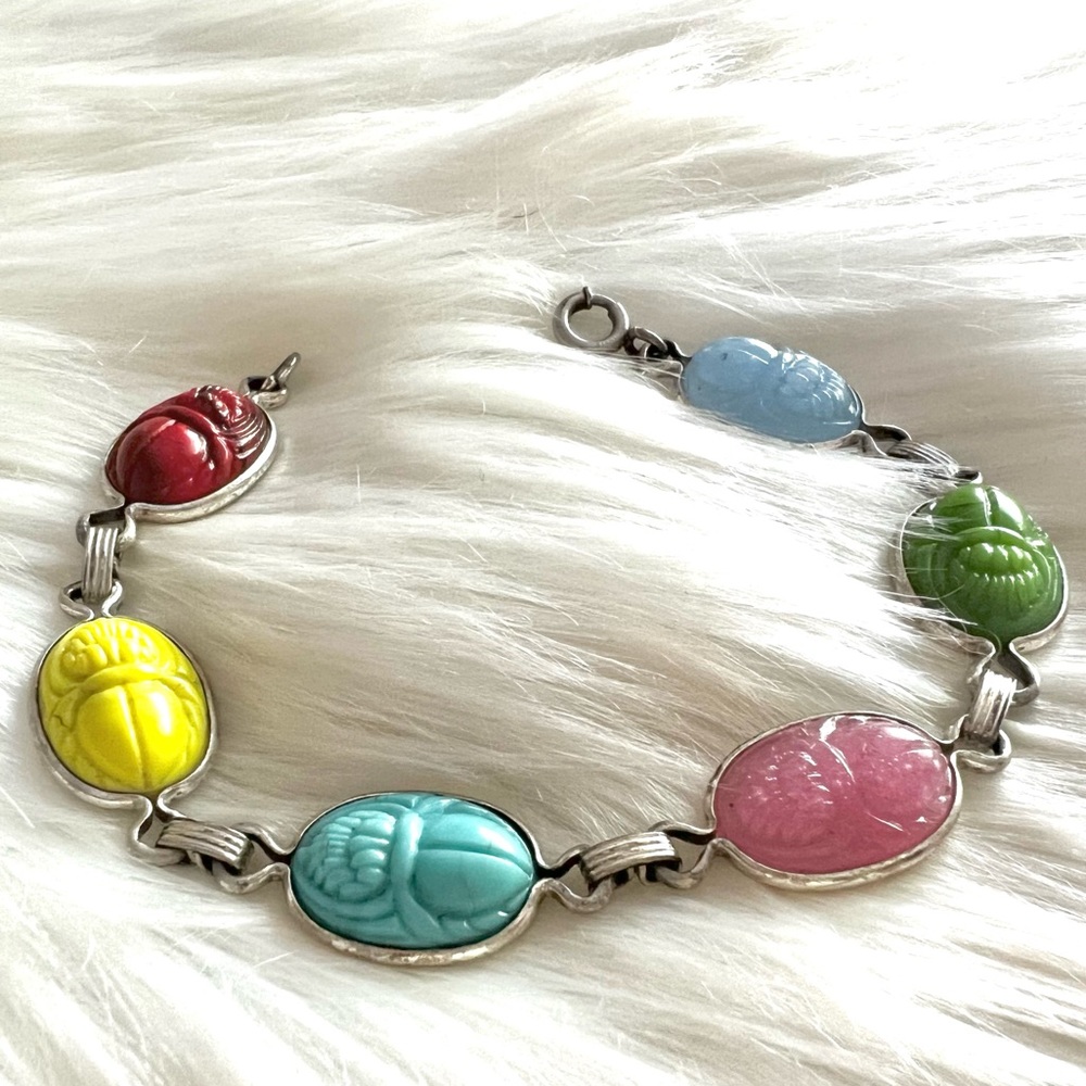 Vintage Scarab Egyptian themed beetle Sterling Silver bracelet - Picture 2 of 14